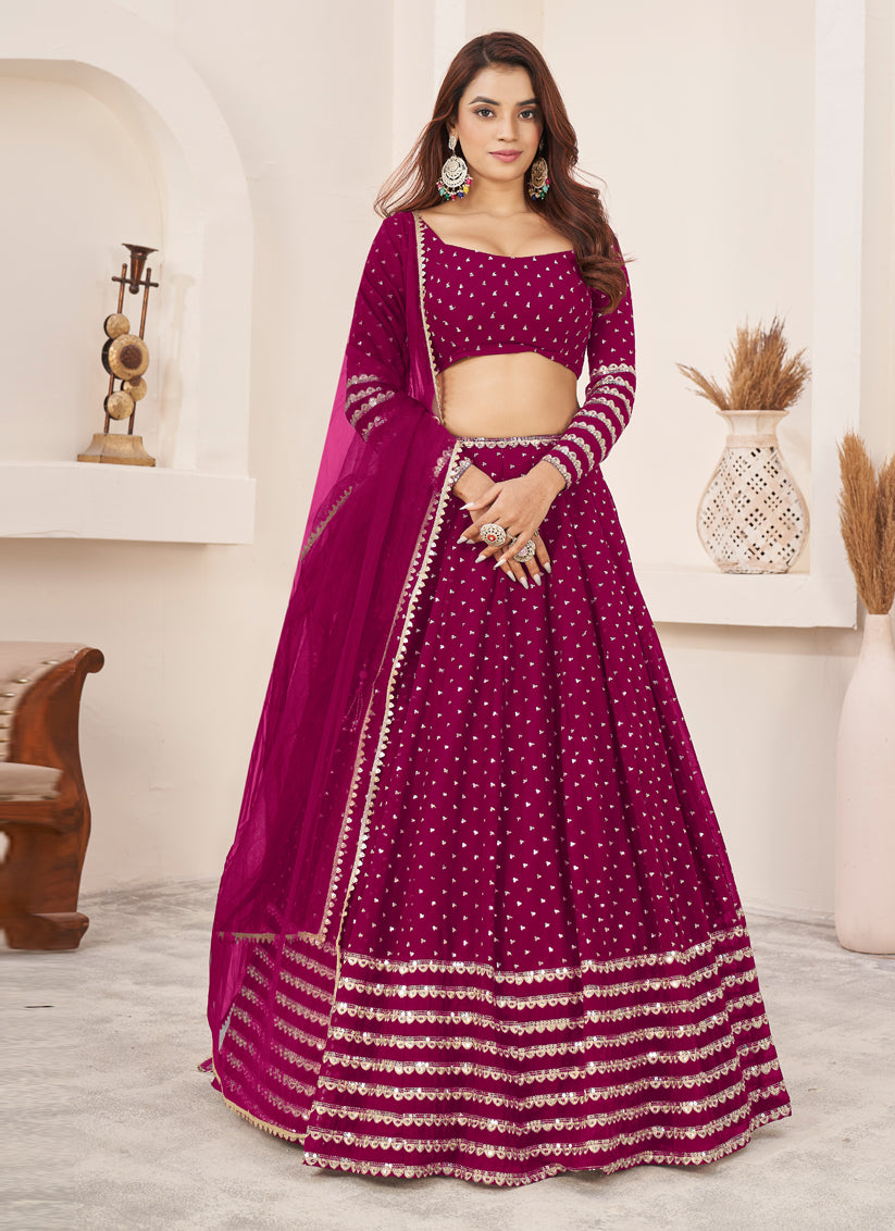 Raspberry Pink Georgette Embroidered Wedding Lehenga Choli Set