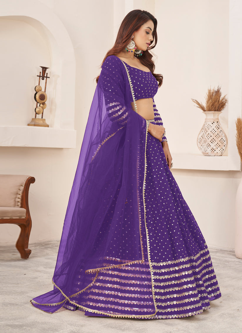 Purple Georgette Embroidered Wedding Lehenga Choli Set