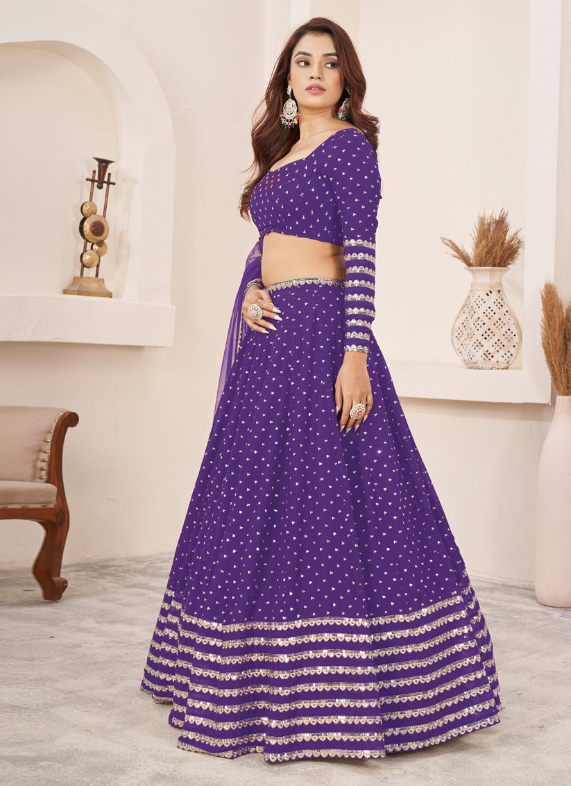 Purple Georgette Embroidered Wedding Lehenga Choli Set