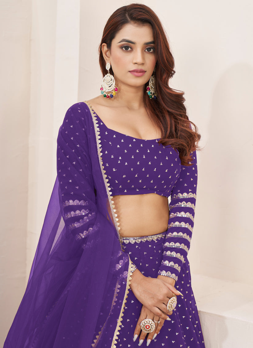 Purple Georgette Embroidered Wedding Lehenga Choli Set