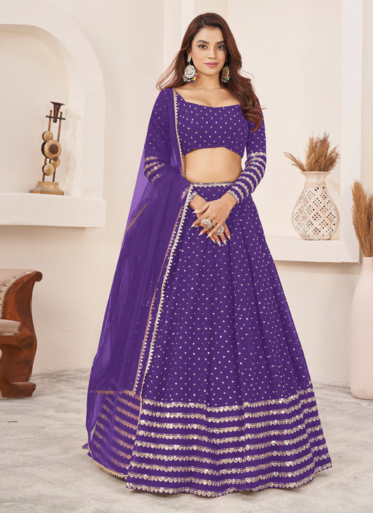 Purple Georgette Embroidered Wedding Lehenga Choli Set