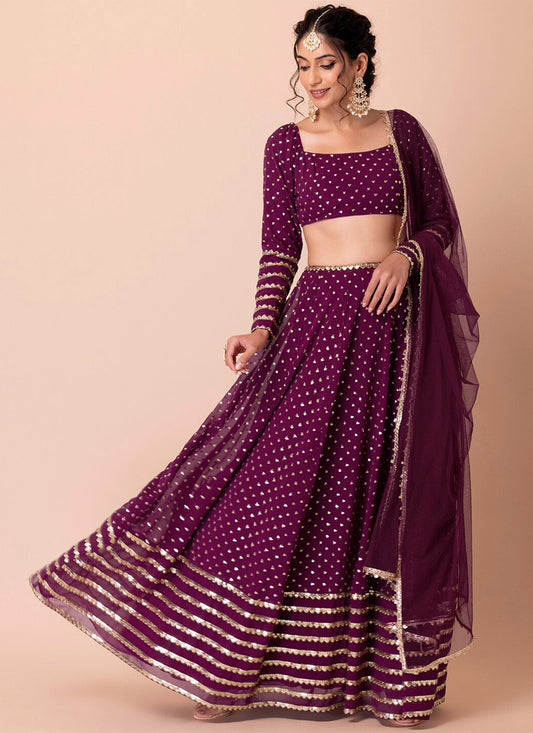 Wine Embroidered  Georgette Lehenga Choli Set