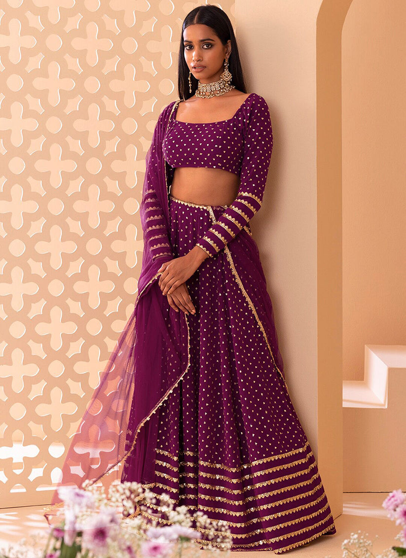 Wine Embroidered  Georgette Lehenga Choli Set