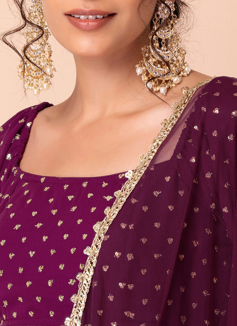 Wine Embroidered  Georgette Lehenga Choli Set