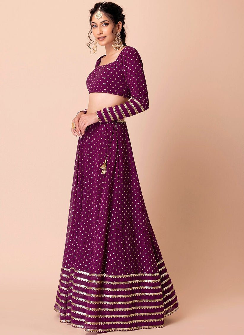 Wine Embroidered  Georgette Lehenga Choli Set