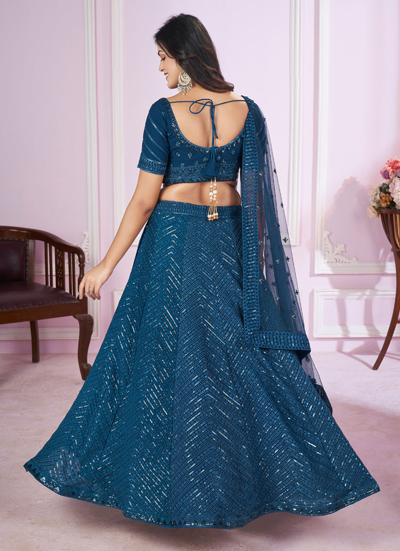 Peacock Blue Georgette Sequins Embroidered Wedding Lehenga Choli