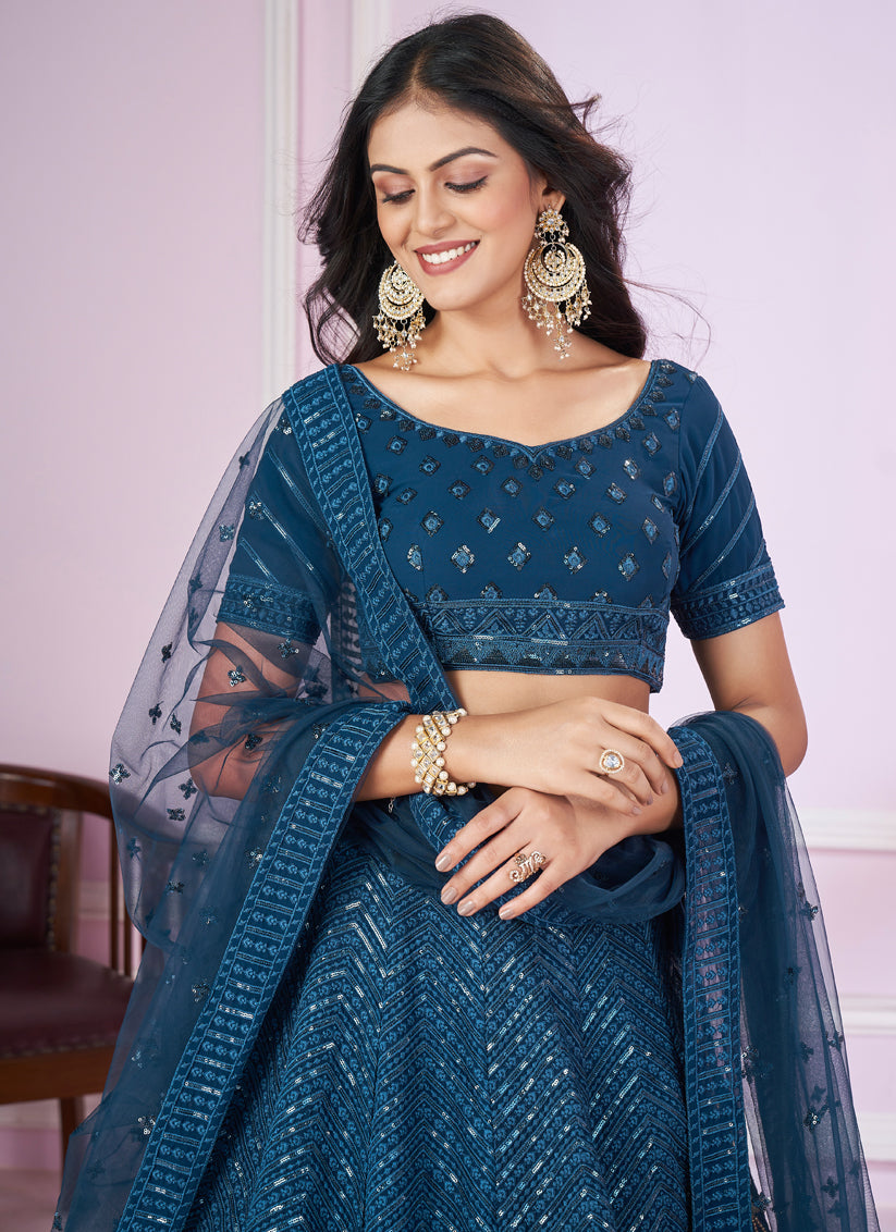 Peacock Blue Georgette Sequins Embroidered Wedding Lehenga Choli