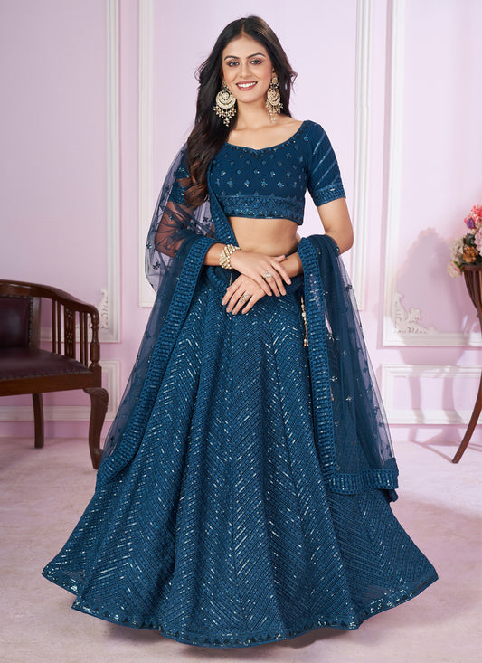 Peacock Blue Georgette Sequins Embroidered Wedding Lehenga Choli