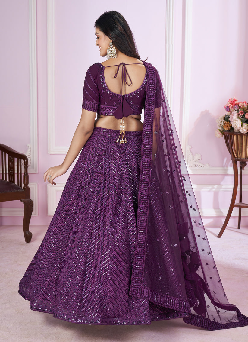 Wine Georgette Sequins Embroidered Wedding Lehenga Choli