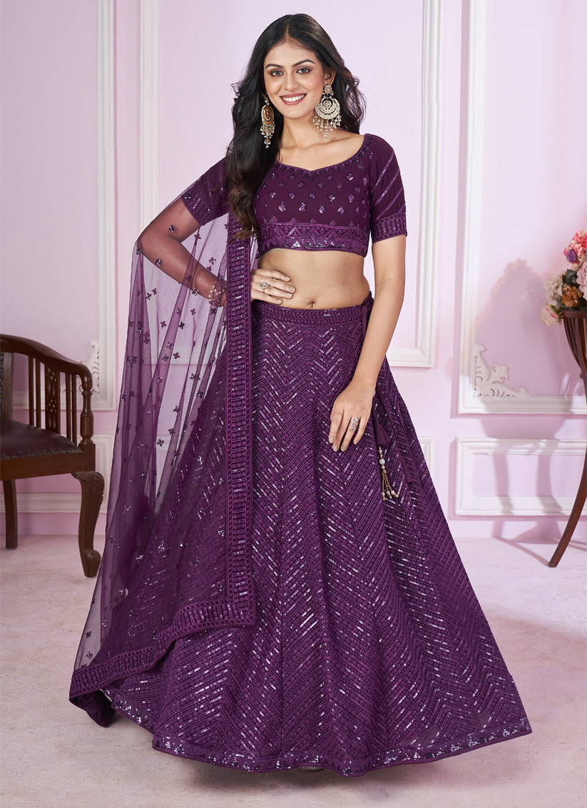 Wine Georgette Sequins Embroidered Wedding Lehenga Choli