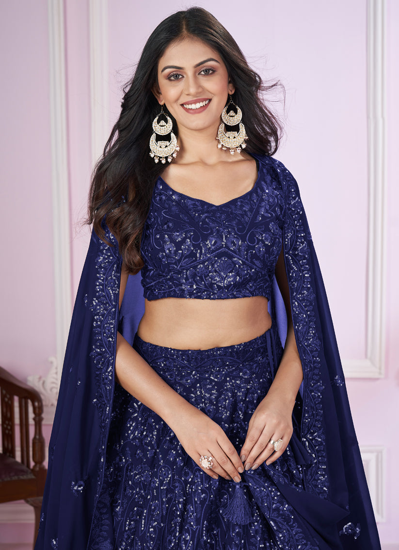 Navy Blue Georgette Sequins Embroidered Wedding Lehenga Choli