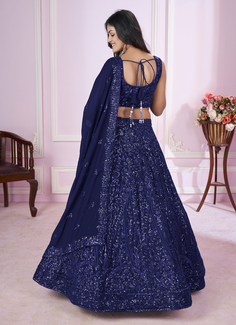 Navy Blue Georgette Sequins Embroidered Wedding Lehenga Choli