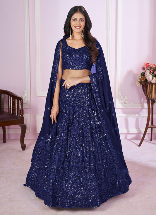 Navy Blue Georgette Sequins Embroidered Wedding Lehenga Choli