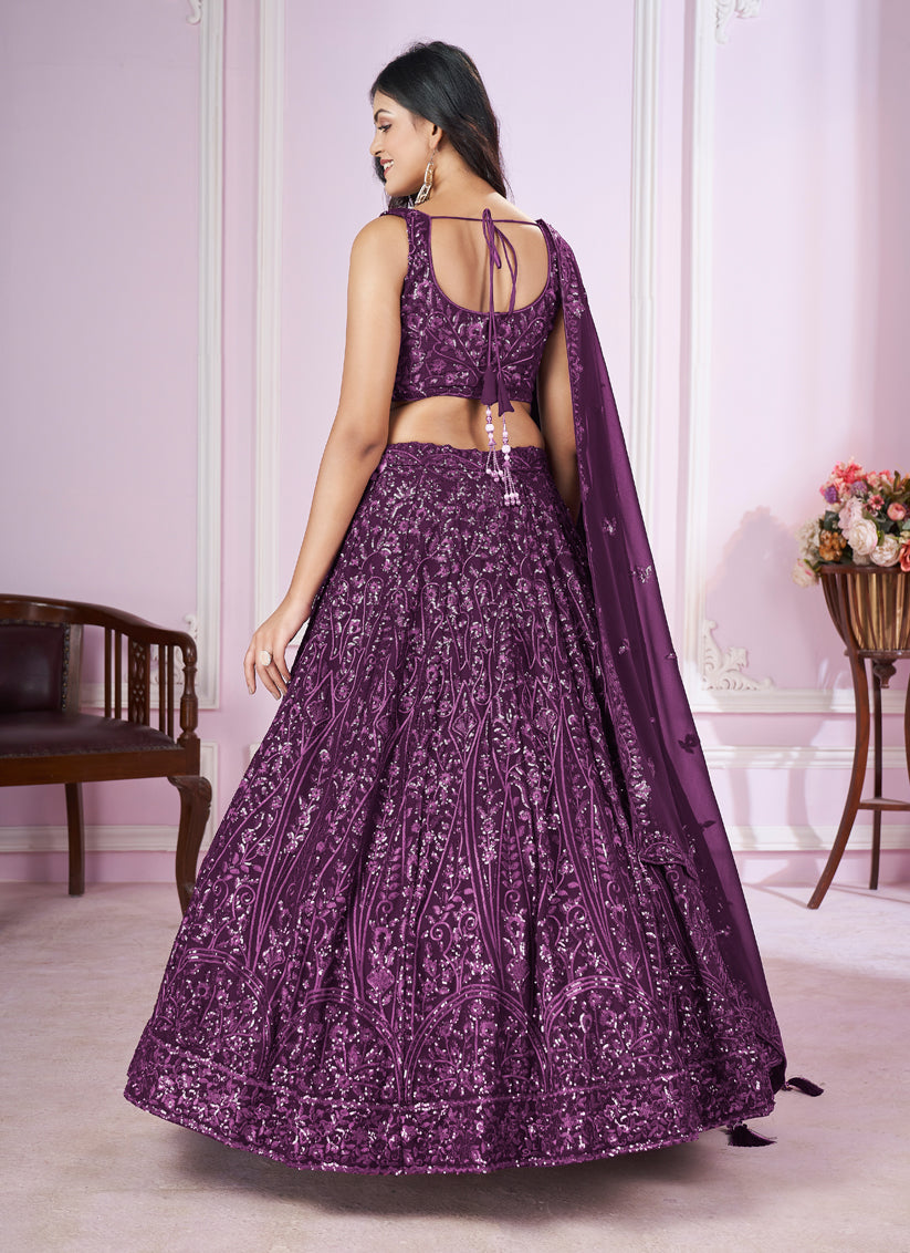 Wine Georgette Sequins Embroidered Wedding Lehenga Choli