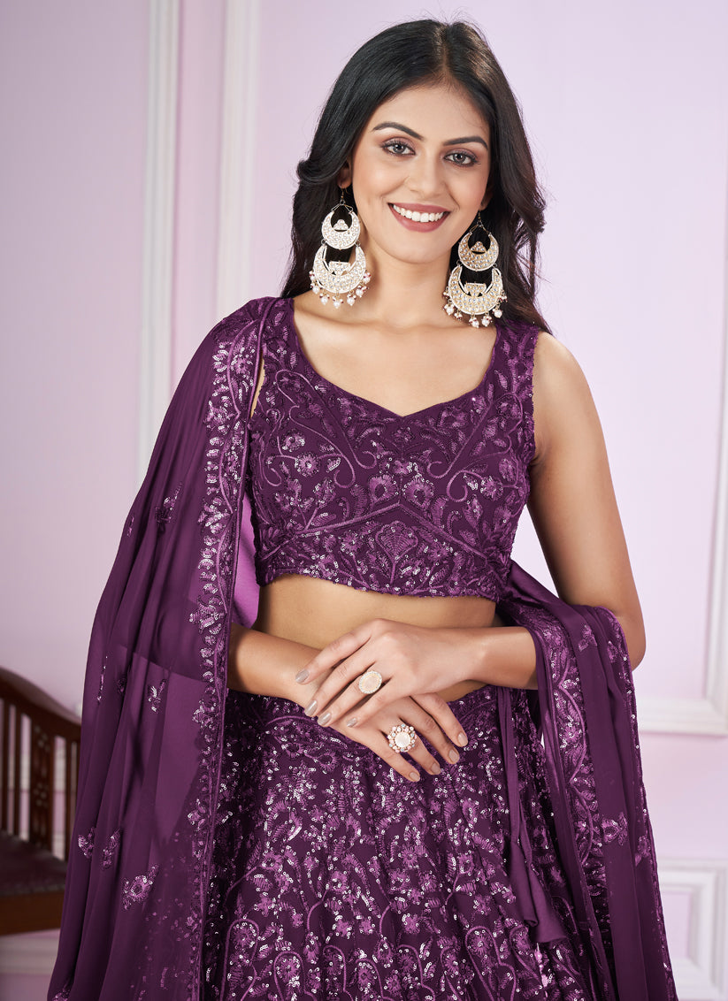 Wine Georgette Sequins Embroidered Wedding Lehenga Choli