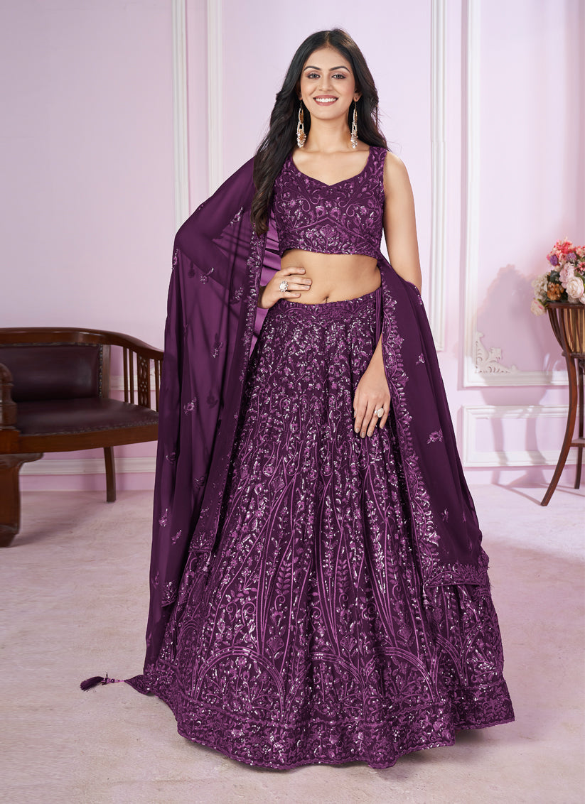 Wine Georgette Sequins Embroidered Wedding Lehenga Choli