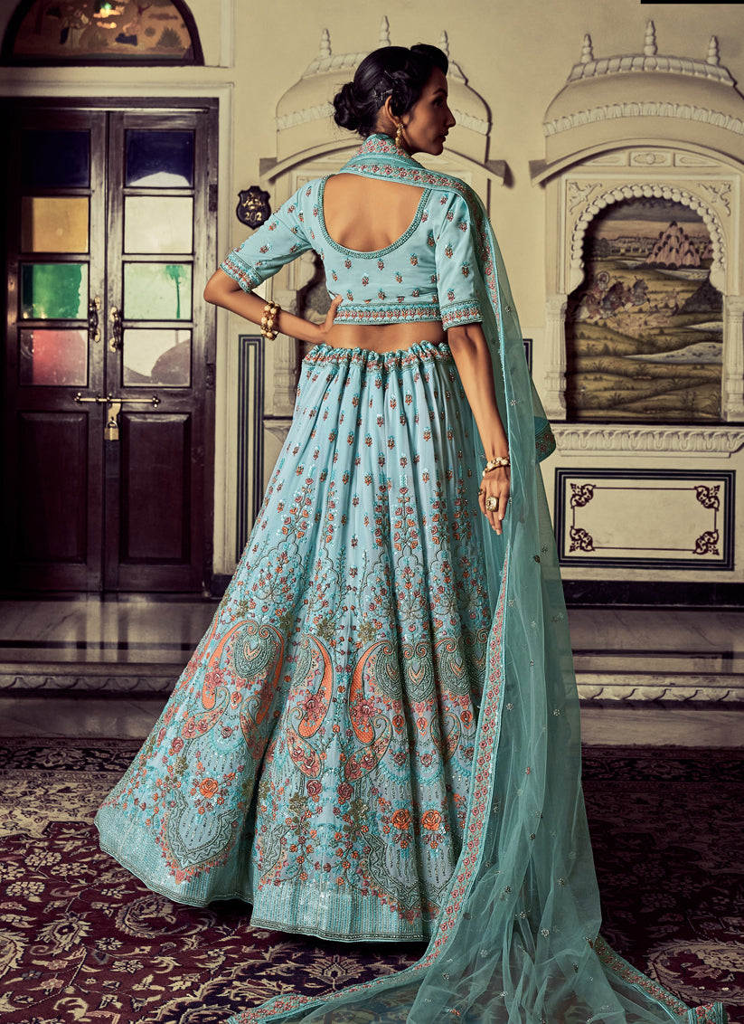 Turquoise Georgette Embroidered Lehenga Choli