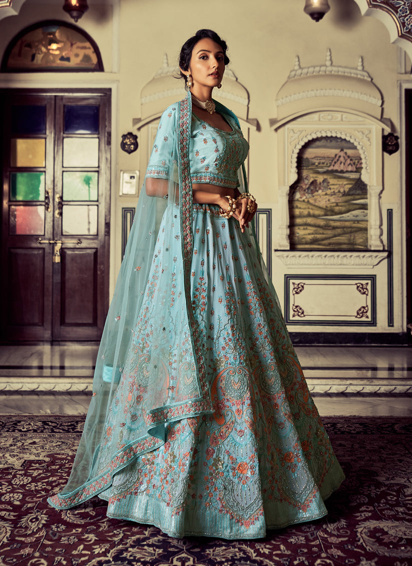 Turquoise Georgette Embroidered Lehenga Choli
