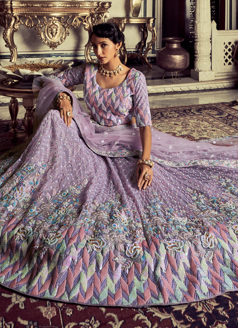 Lilac Georgette Embroidered Lehenga Choli