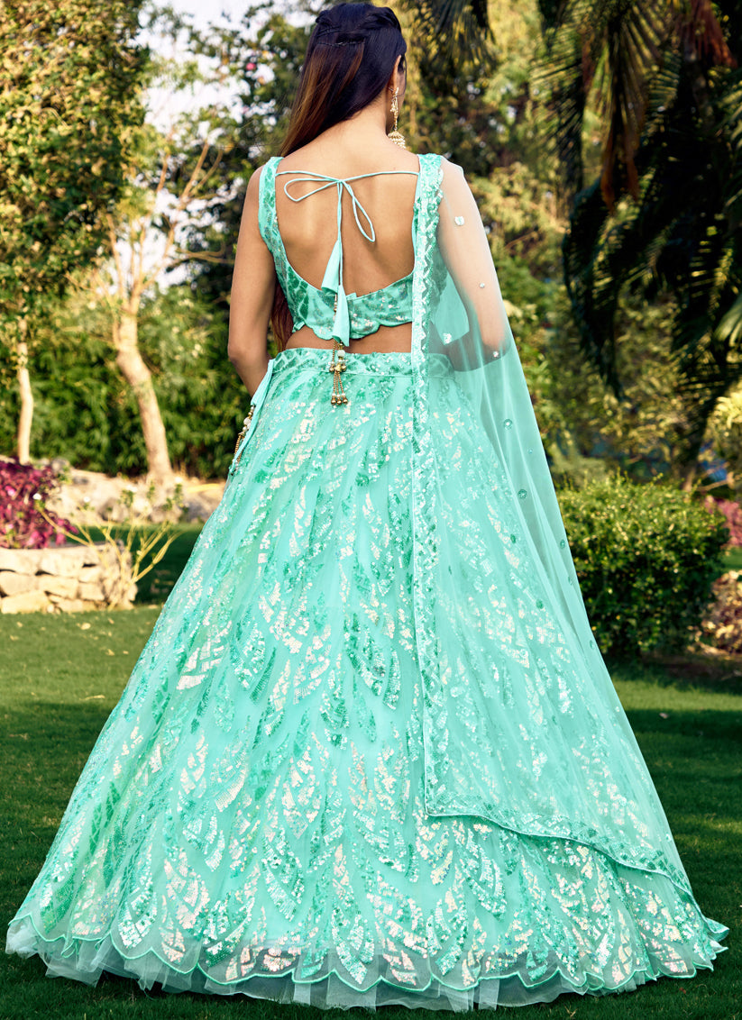 Aqua Blue Soft Net Sequins work Lehenga Choli