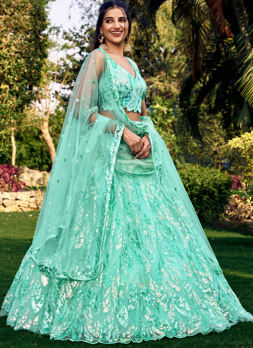 Aqua Blue Soft Net Sequins work Lehenga Choli