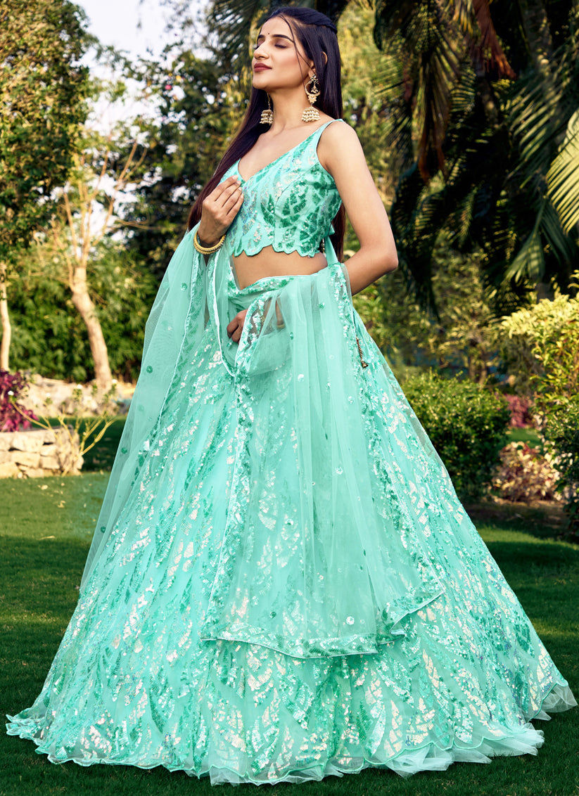 Aqua Blue Soft Net Sequins work Lehenga Choli