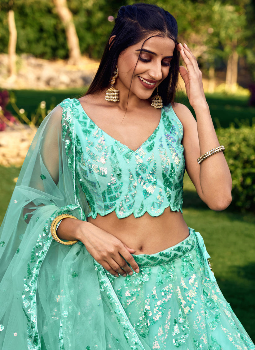 Aqua Blue Soft Net Sequins work Lehenga Choli