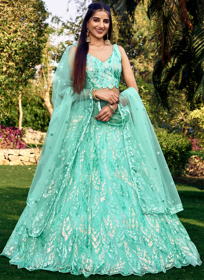 Aqua Blue Soft Net Sequins work Lehenga Choli