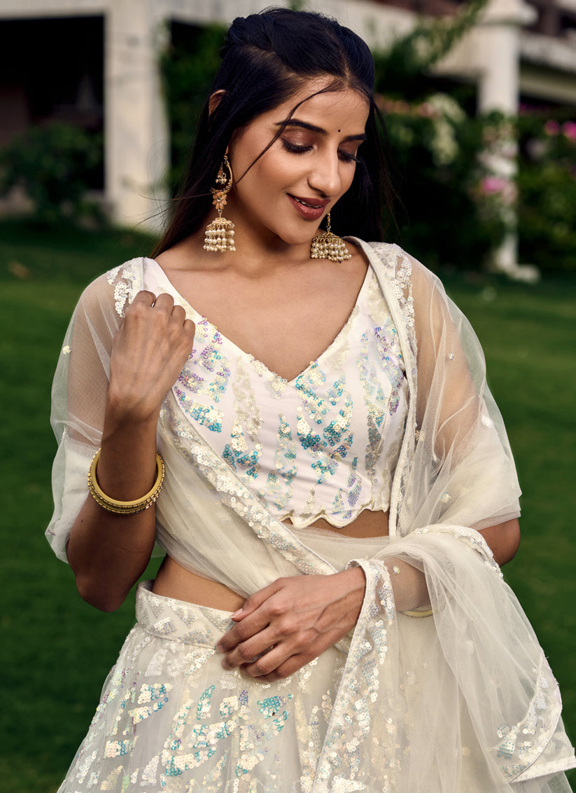 White Soft Net Sequins work Lehenga Choli