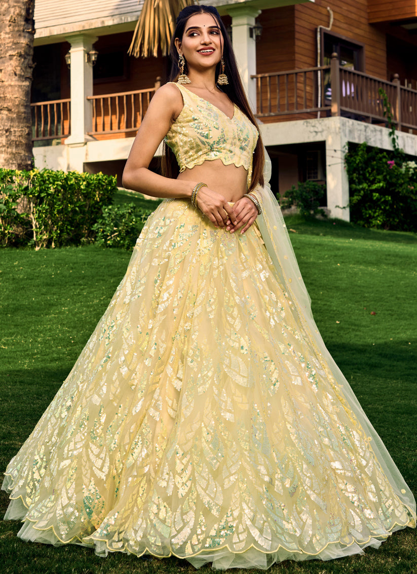 Yellow Soft Net Sequins work Lehenga Choli