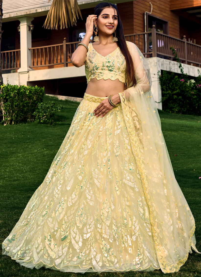 Yellow Soft Net Sequins work Lehenga Choli