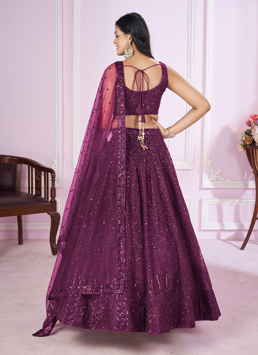 Wine Net Sequins Embroidered Wedding Lehenga Choli