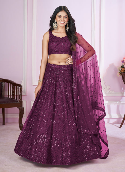 Wine Net Sequins Embroidered Wedding Lehenga Choli