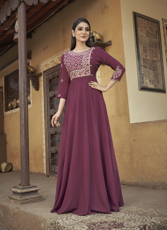Maroon Muslin Embroidered Gown
