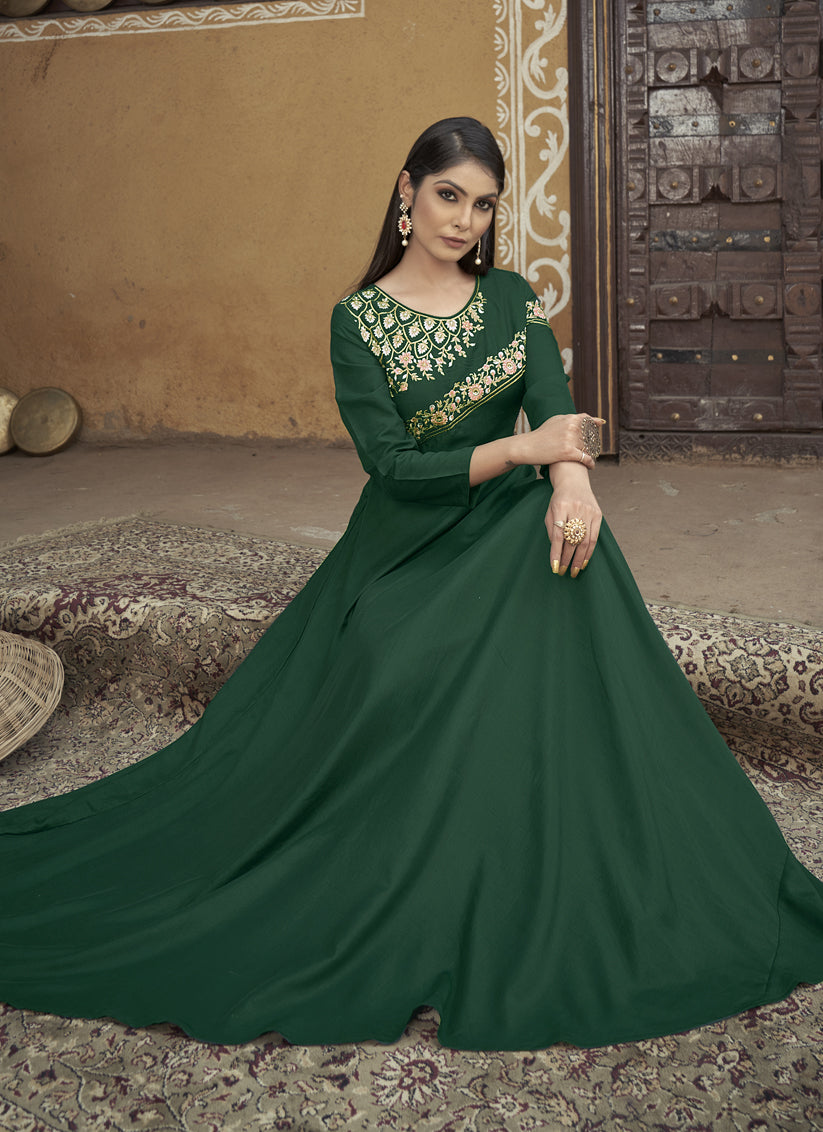 Bottle Green Muslin Embroidered Gown