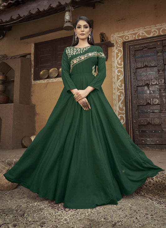 Bottle Green Muslin Embroidered Gown
