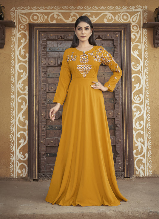 Mustard Muslin Embroidered Gown