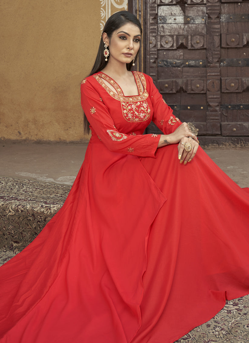 Hot Red Muslin Embroidered Gown