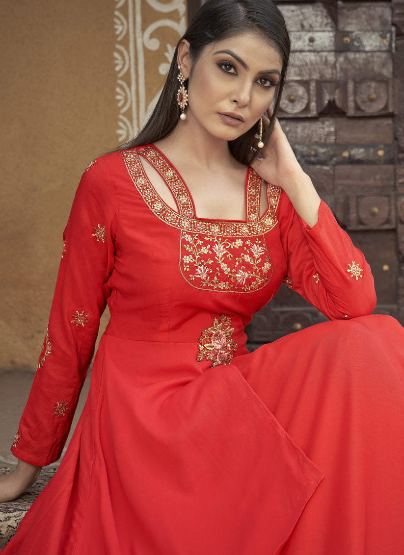 Hot Red Muslin Embroidered Gown