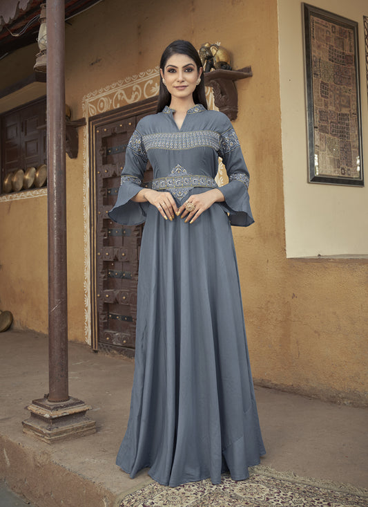 Slate Grey Muslin Embroidered Gown