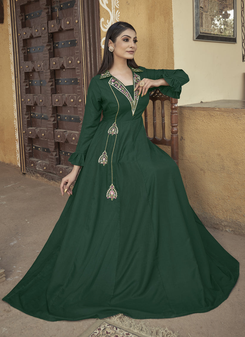 Pine Green Muslin Embroidered Gown