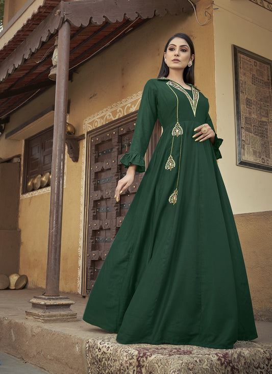 Pine Green Muslin Embroidered Gown