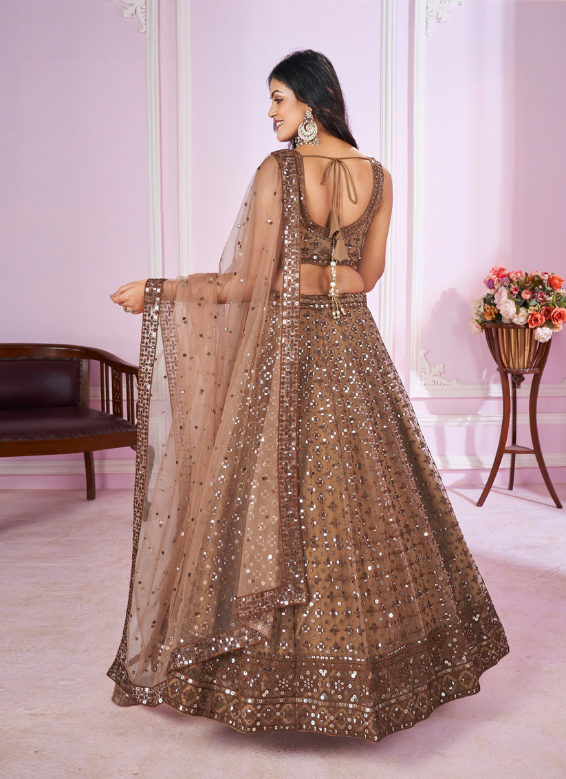 Cocoa Brown Net Sequins Embroidered Wedding Lehenga Choli