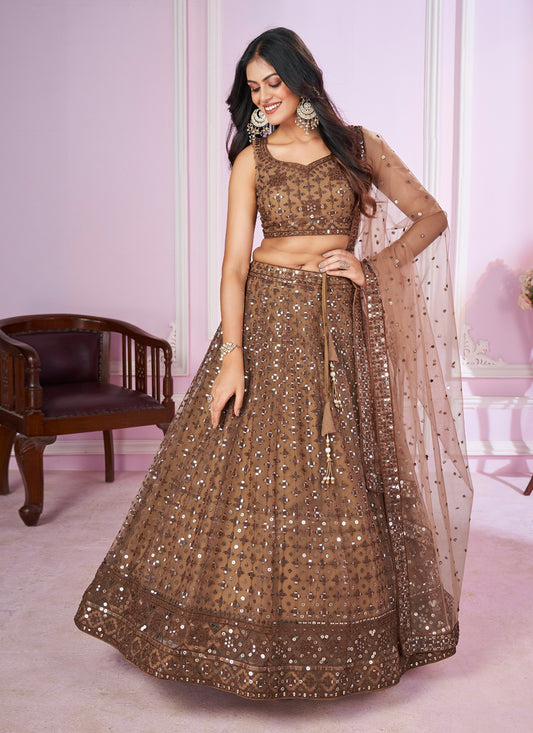 Cocoa Brown Net Sequins Embroidered Wedding Lehenga Choli