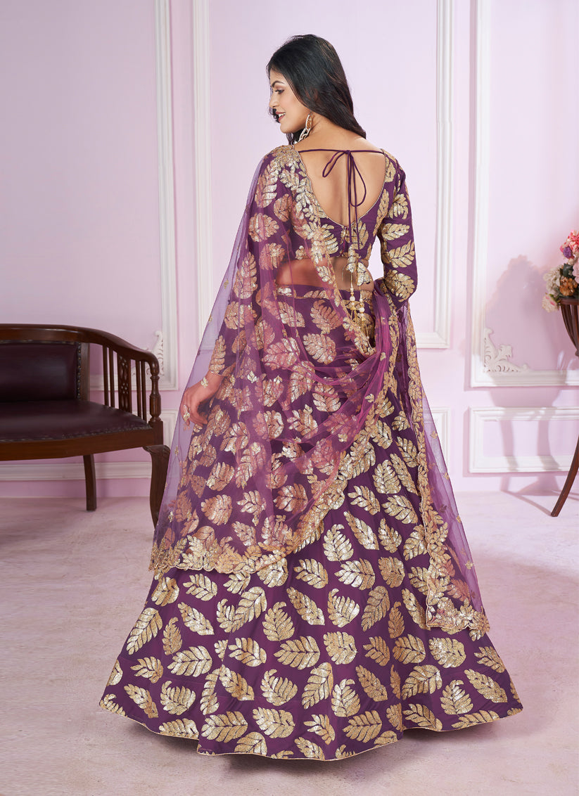 Wine Georgette Sequins Embroidered Wedding Lehenga Choli