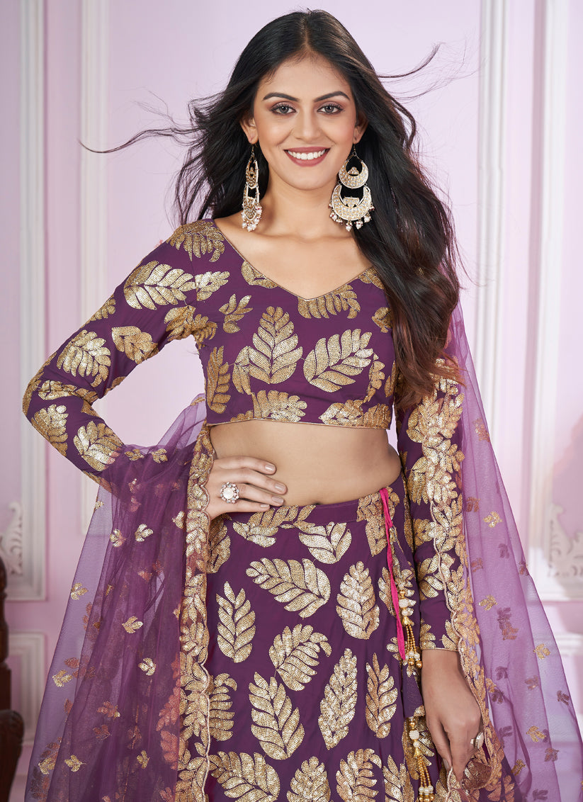 Wine Georgette Sequins Embroidered Wedding Lehenga Choli