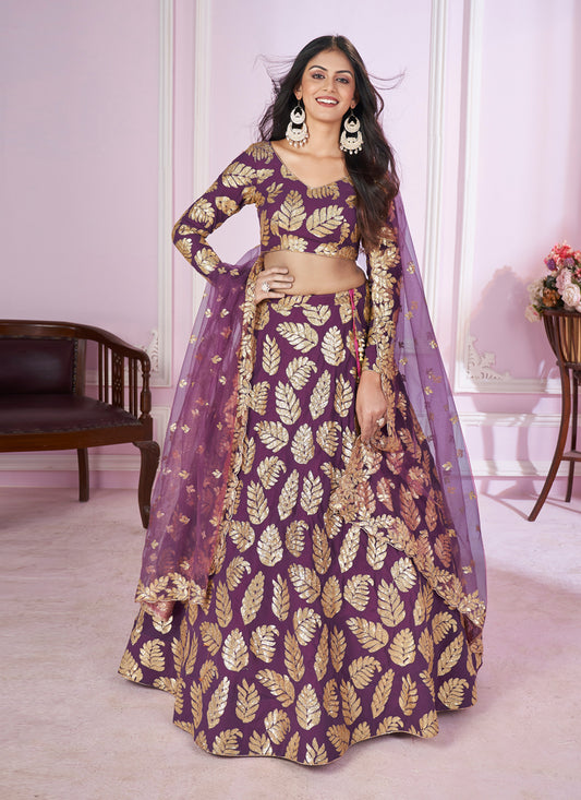 Wine Georgette Sequins Embroidered Wedding Lehenga Choli