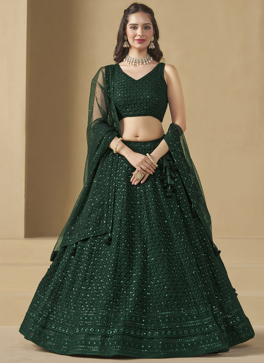 Bottle Green Sequins Georgette  Embroidered Lehenga Choli