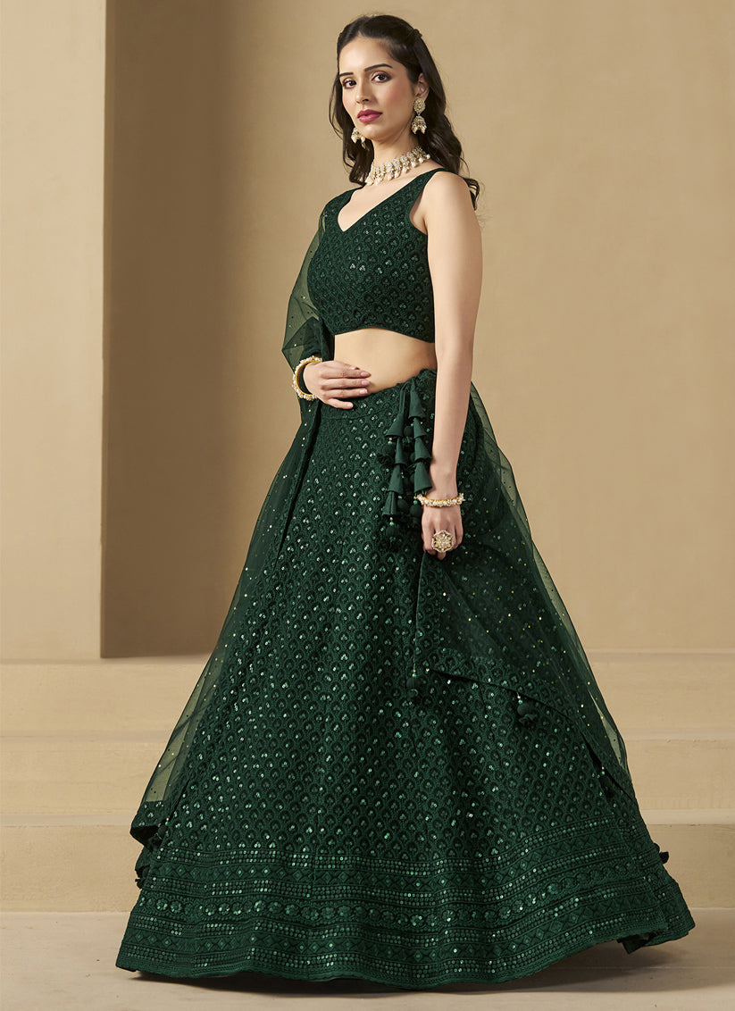 Bottle Green Sequins Georgette  Embroidered Lehenga Choli