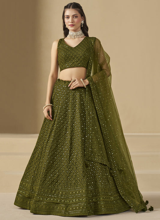 Mehendi Green Sequins Georgette  Embroidered Lehenga Choli